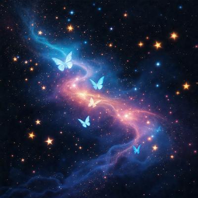 The primary subject of the image is a group of butterflies flying through a blue, swirling, and star-filled sky. The setting is a celestial background, with the butterflies flying against a backdrop of stars. The visual style is a digital art or illustration, creating a vibrant and lively atmosphere. The colors and mood are predominantly blue, with the swirling motion and the presence of stars adding a sense of motion and wonder to the scene.
